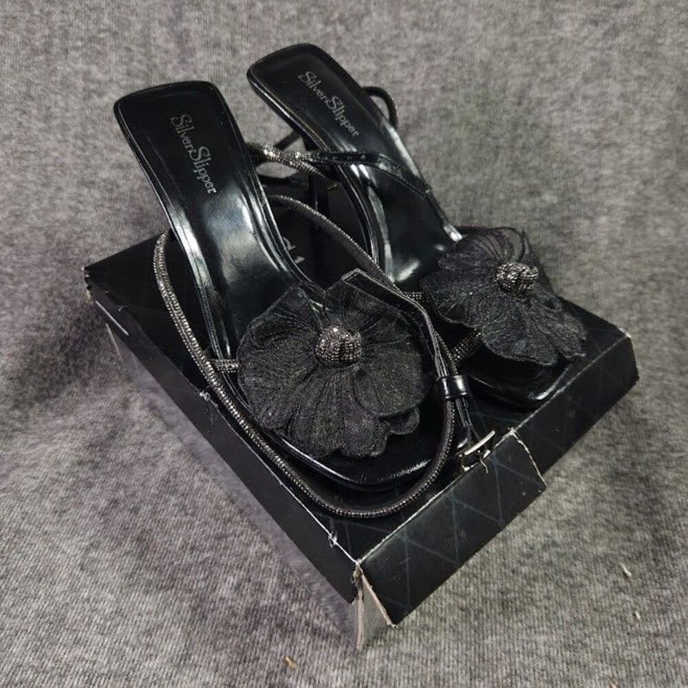 Silver Slipper Shoes Womens Size 8M Black Oleander Floral Strappy Heel Sandals